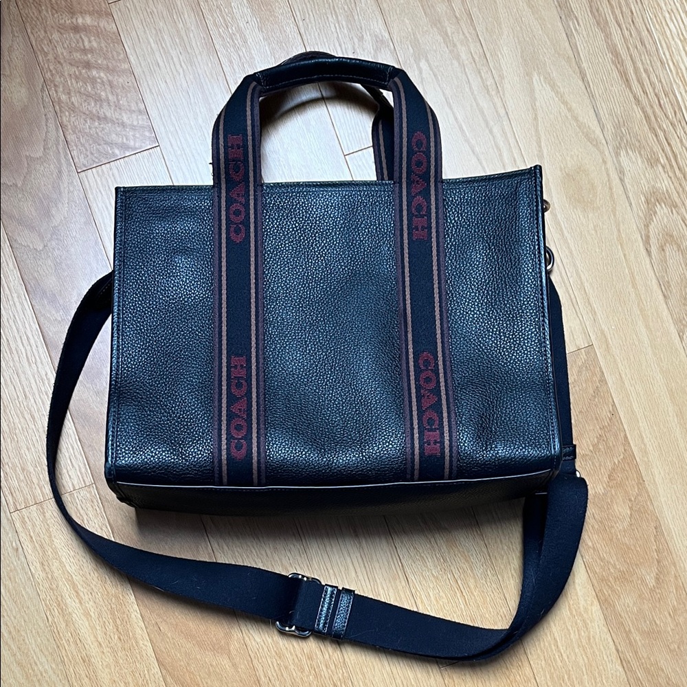 Coach Black Leather Tote Bag with Woven Strap